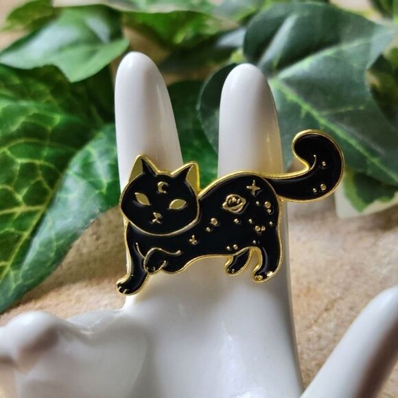 Black & Gold Cat Enamel Pin Mystical magical Spooky Cat Fashion pins Moon planet - Picture 7 of 11